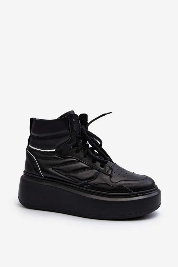 Discount Zazoo 3392/X Damskie Skórzane Buty Sportowe Na Platformie Czarne Czarny