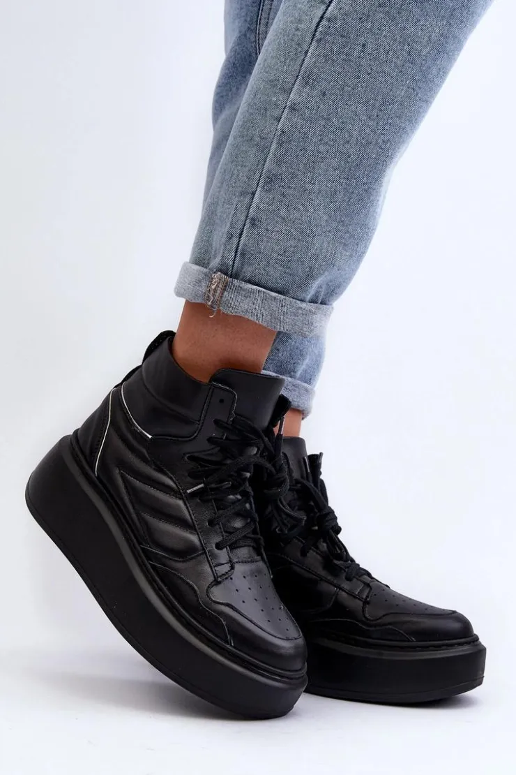 Discount Zazoo 3392/X Damskie Skórzane Buty Sportowe Na Platformie Czarne Czarny