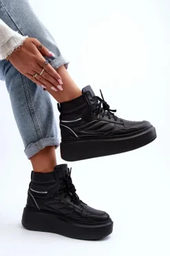 Discount Zazoo 3392/X Damskie Skórzane Buty Sportowe Na Platformie Czarne Czarny