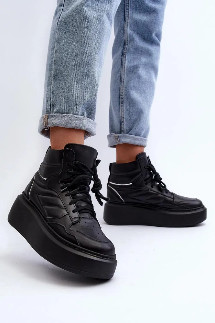 Discount Zazoo 3392/X Damskie Skórzane Buty Sportowe Na Platformie Czarne Czarny