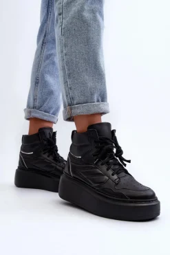 Discount Zazoo 3392/X Damskie Skórzane Buty Sportowe Na Platformie Czarne Czarny
