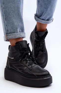 Discount Zazoo 3392/X Damskie Skórzane Buty Sportowe Na Platformie Czarne Czarny