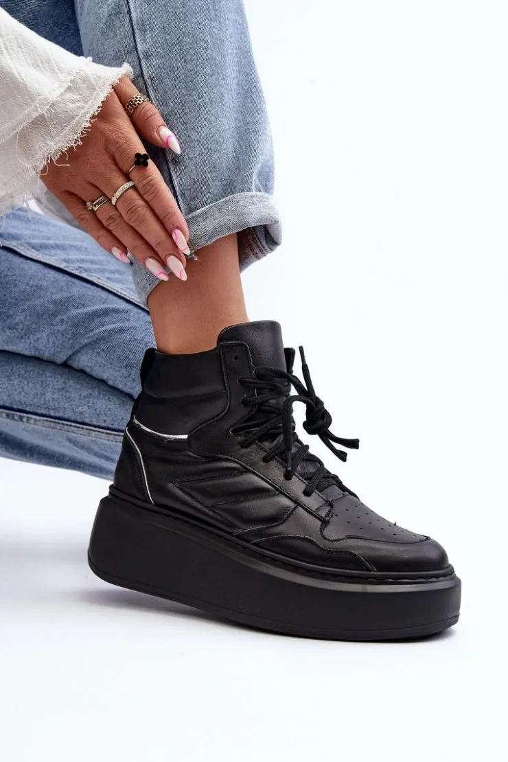 Discount Zazoo 3392/X Damskie Skórzane Buty Sportowe Na Platformie Czarne Czarny