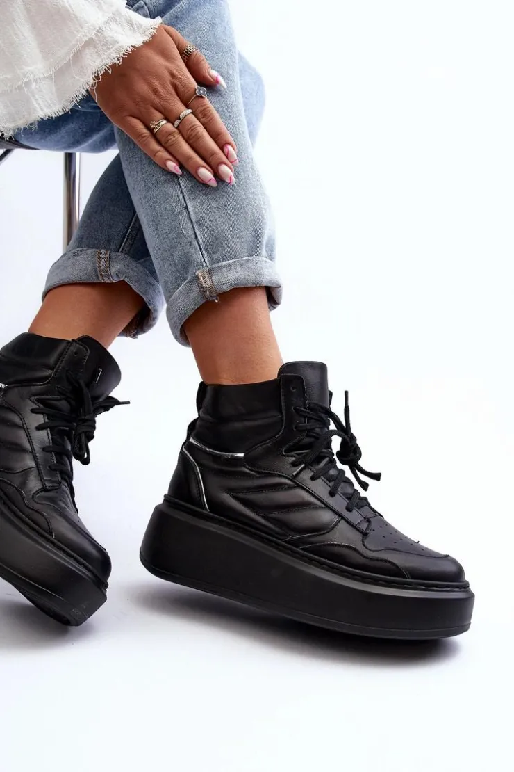 Discount Zazoo 3392/X Damskie Skórzane Buty Sportowe Na Platformie Czarne Czarny