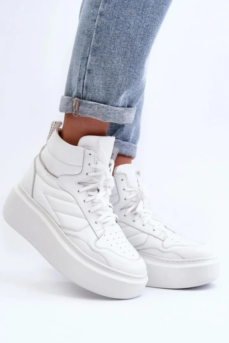 Outlet Zazoo 3392/X Damskie Skórzane Buty Sportowe Na Platformie Białe Biały