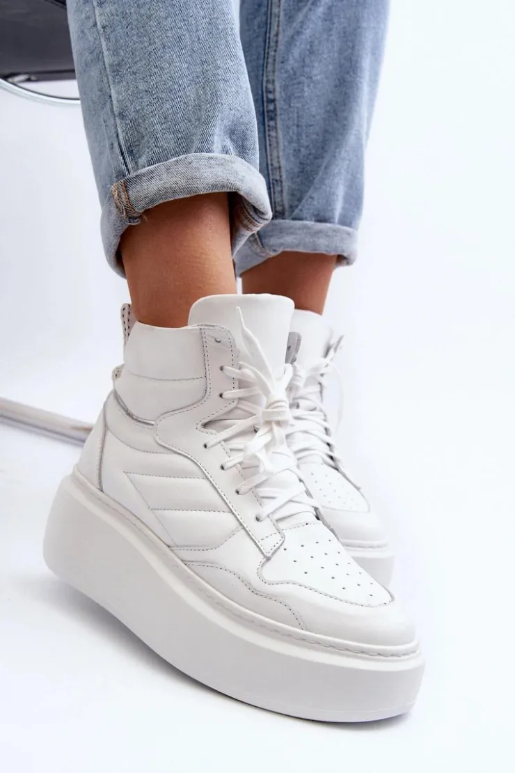 Outlet Zazoo 3392/X Damskie Skórzane Buty Sportowe Na Platformie Białe Biały