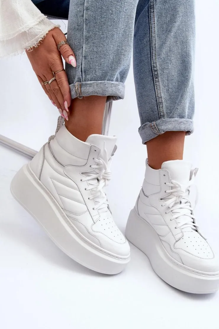 Outlet Zazoo 3392/X Damskie Skórzane Buty Sportowe Na Platformie Białe Biały