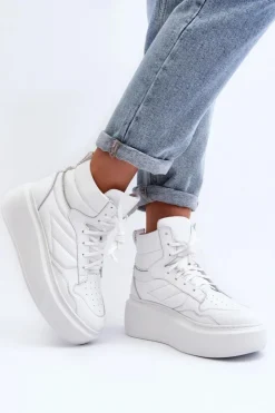 Outlet Zazoo 3392/X Damskie Skórzane Buty Sportowe Na Platformie Białe Biały