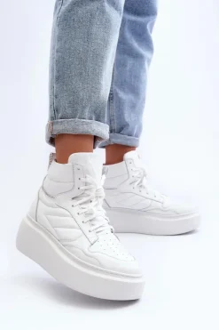 Outlet Zazoo 3392/X Damskie Skórzane Buty Sportowe Na Platformie Białe Biały