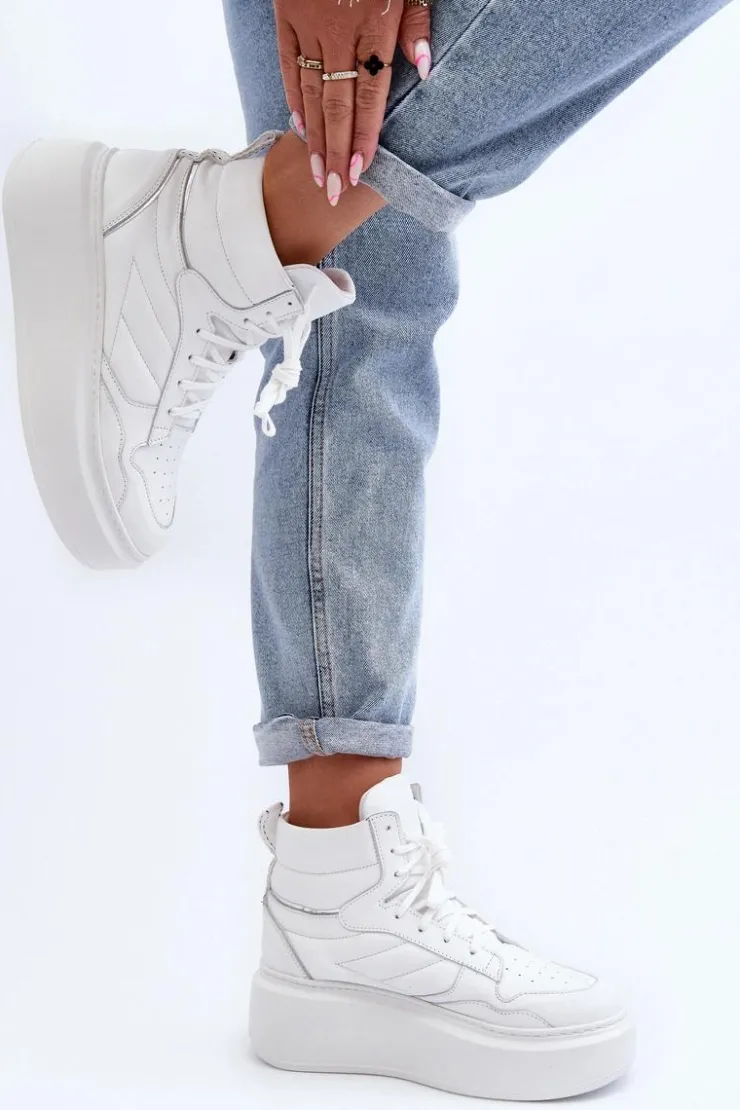 Outlet Zazoo 3392/X Damskie Skórzane Buty Sportowe Na Platformie Białe Biały