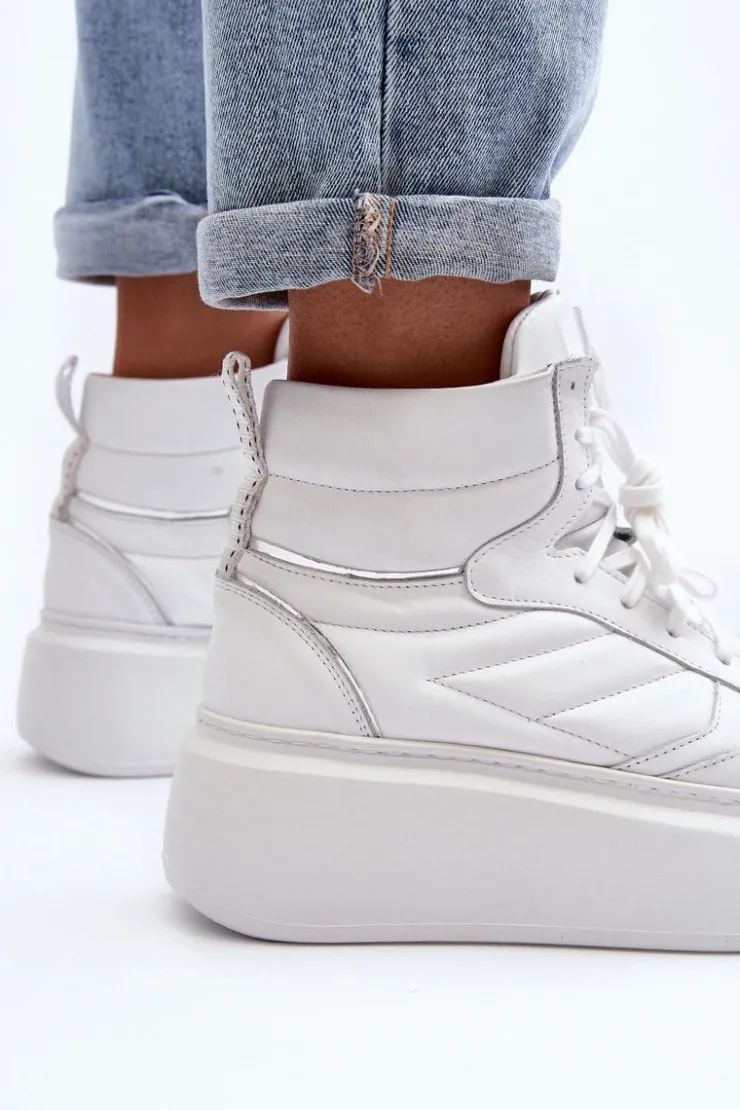Outlet Zazoo 3392/X Damskie Skórzane Buty Sportowe Na Platformie Białe Biały