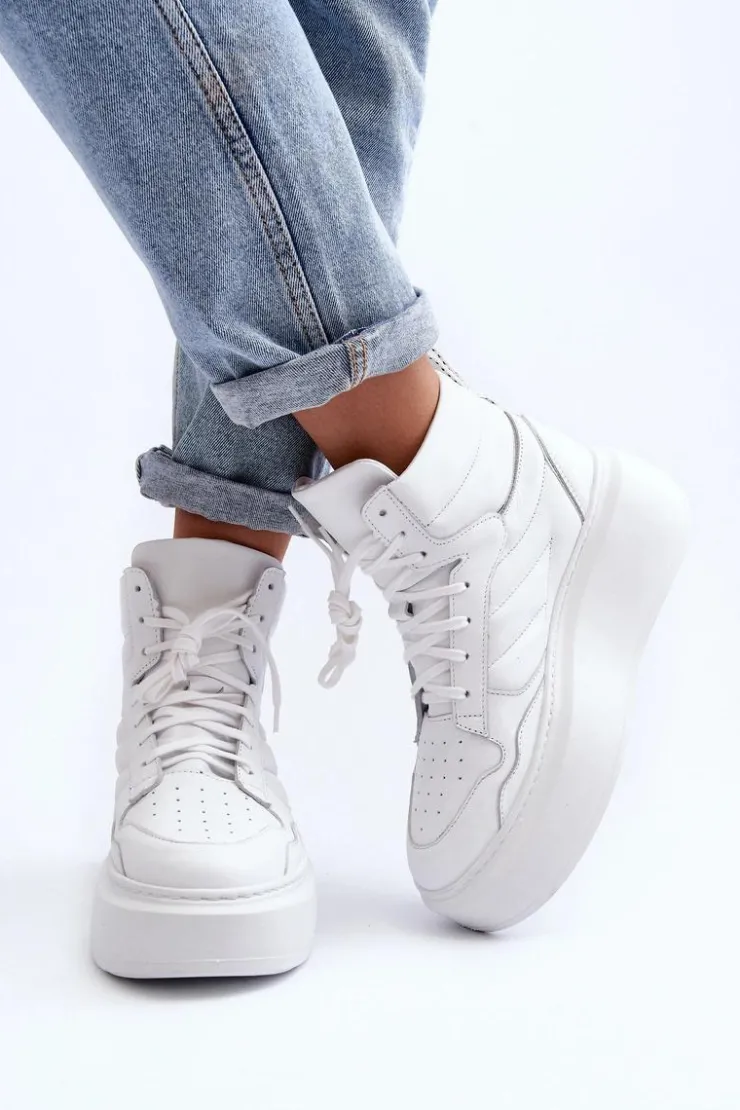 Outlet Zazoo 3392/X Damskie Skórzane Buty Sportowe Na Platformie Białe Biały
