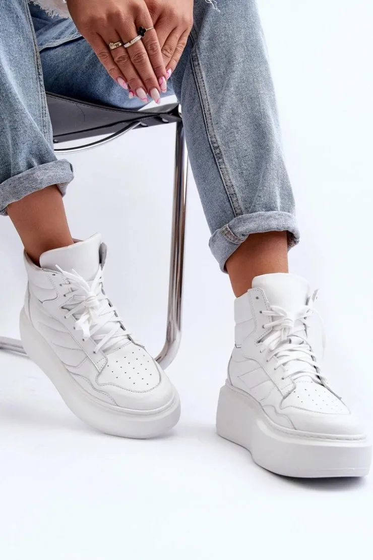 Outlet Zazoo 3392/X Damskie Skórzane Buty Sportowe Na Platformie Białe Biały