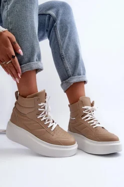 Zazoo Sneakersy Damskie*3392/X Damskie Skórzane Buty Sportowe Na Platformie Beżowe Beżowy