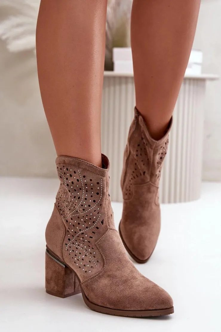 Clearance Damskie buty S.Barski Zdobione Ażurowe Botki Damskie Na Słupku Z Eko Zamszu Brązowe S.Barski HY42-029 Brązowy