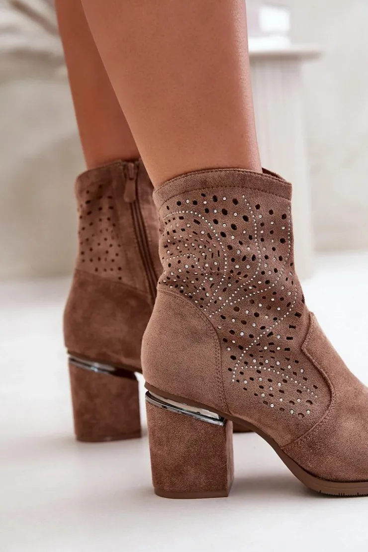 Clearance Damskie buty S.Barski Zdobione Ażurowe Botki Damskie Na Słupku Z Eko Zamszu Brązowe S.Barski HY42-029 Brązowy