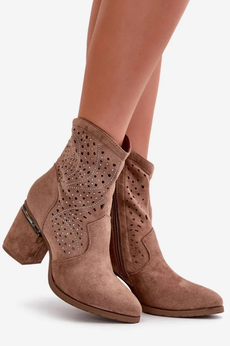 Clearance Damskie buty S.Barski Zdobione Ażurowe Botki Damskie Na Słupku Z Eko Zamszu Brązowe S.Barski HY42-029 Brązowy