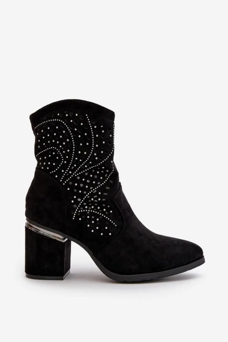 Sale Damskie buty S.Barski Zdobione Ażurowe Botki Damskie Na Słupku Z Eko Zamszu Czarne S.Barski HY42-029 Czarny