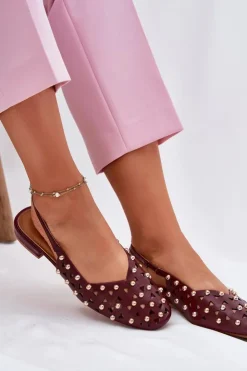 Boto Sandały Płaskie*Zdobione Baleriny Na Płaskim Obcasie Bordowe Nilarisela Czerwony