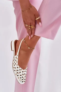 Damskie Boto Zdobione Baleriny Na Płaskim Obcasie Białe Nilarisela