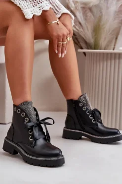Boto Botki Sznurowane|Botki Płaskie*Zdobione Botki Damskie Eko Skórzane Ocieplane Czarne Rilatha
