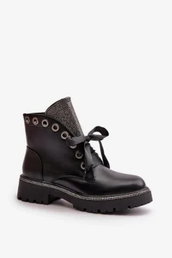 Boto Botki Sznurowane|Botki Płaskie*Zdobione Botki Damskie Eko Skórzane Ocieplane Czarne Rilatha