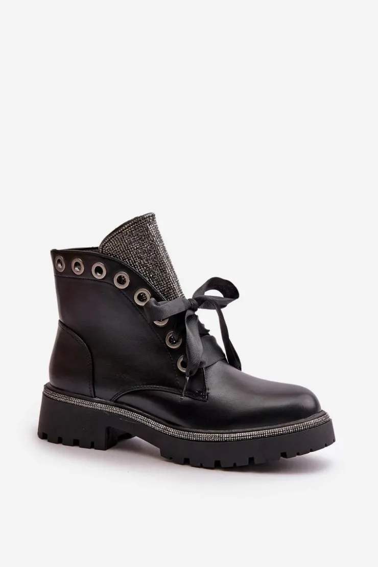 Boto Botki Sznurowane|Botki Płaskie*Zdobione Botki Damskie Eko Skórzane Ocieplane Czarne Rilatha