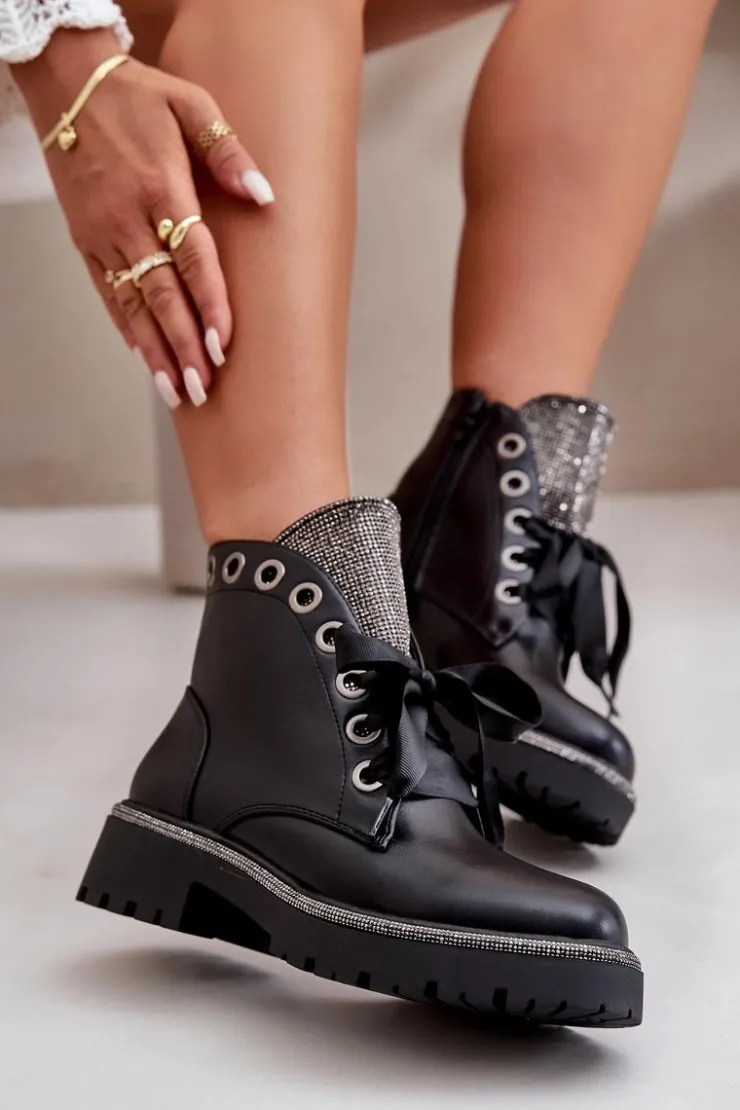 Boto Botki Sznurowane|Botki Płaskie*Zdobione Botki Damskie Eko Skórzane Ocieplane Czarne Rilatha