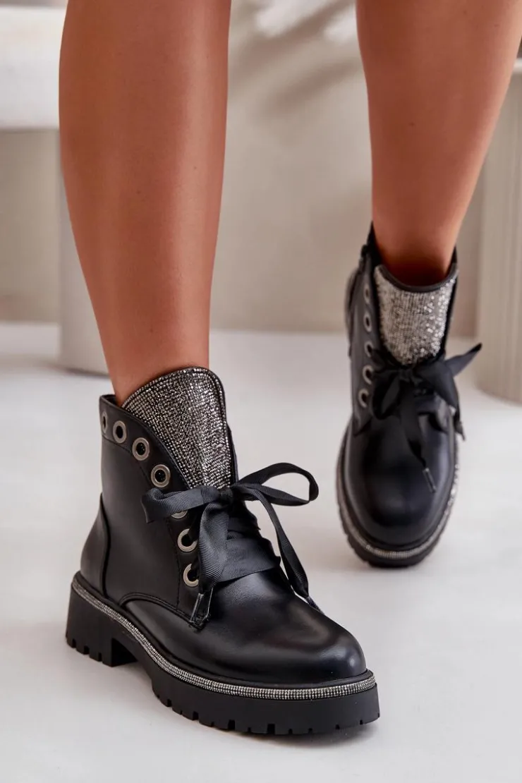 Boto Botki Sznurowane|Botki Płaskie*Zdobione Botki Damskie Eko Skórzane Ocieplane Czarne Rilatha