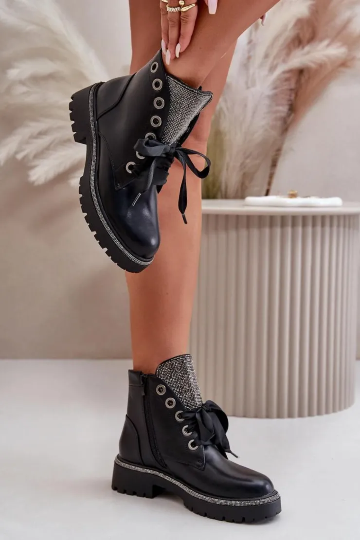Boto Botki Sznurowane|Botki Płaskie*Zdobione Botki Damskie Eko Skórzane Ocieplane Czarne Rilatha