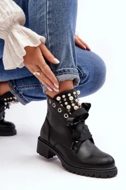 Boto Botki Sznurowane|Botki Zimowe Damskie*Zdobione Botki Damskie Na Suwak Czarne Elonte