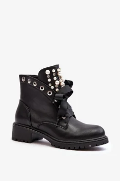 Boto Botki Sznurowane|Botki Zimowe Damskie*Zdobione Botki Damskie Na Suwak Czarne Elonte