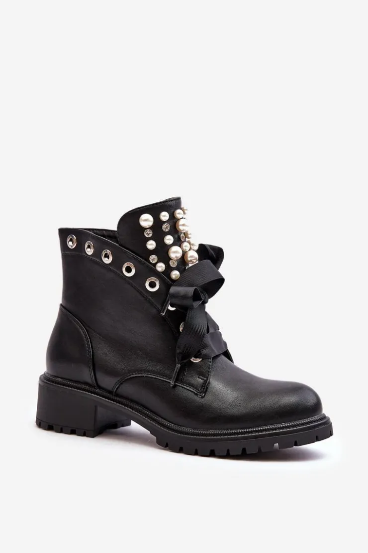 Boto Botki Sznurowane|Botki Zimowe Damskie*Zdobione Botki Damskie Na Suwak Czarne Elonte