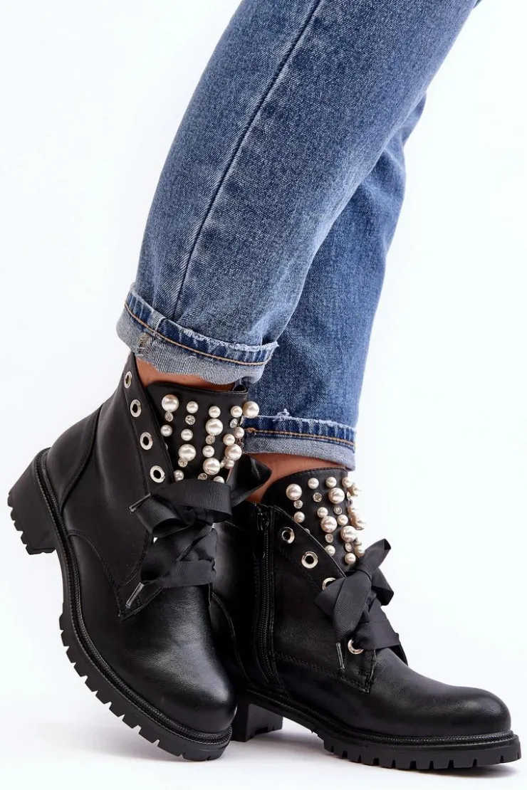 Boto Botki Sznurowane|Botki Zimowe Damskie*Zdobione Botki Damskie Na Suwak Czarne Elonte