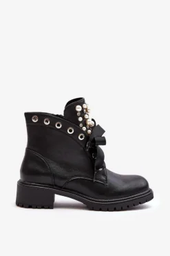 Boto Botki Sznurowane|Botki Zimowe Damskie*Zdobione Botki Damskie Na Suwak Czarne Elonte
