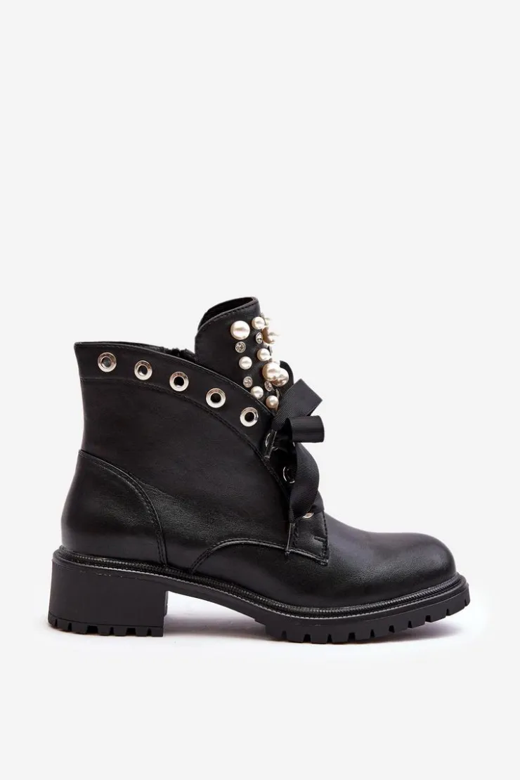 Boto Botki Sznurowane|Botki Zimowe Damskie*Zdobione Botki Damskie Na Suwak Czarne Elonte