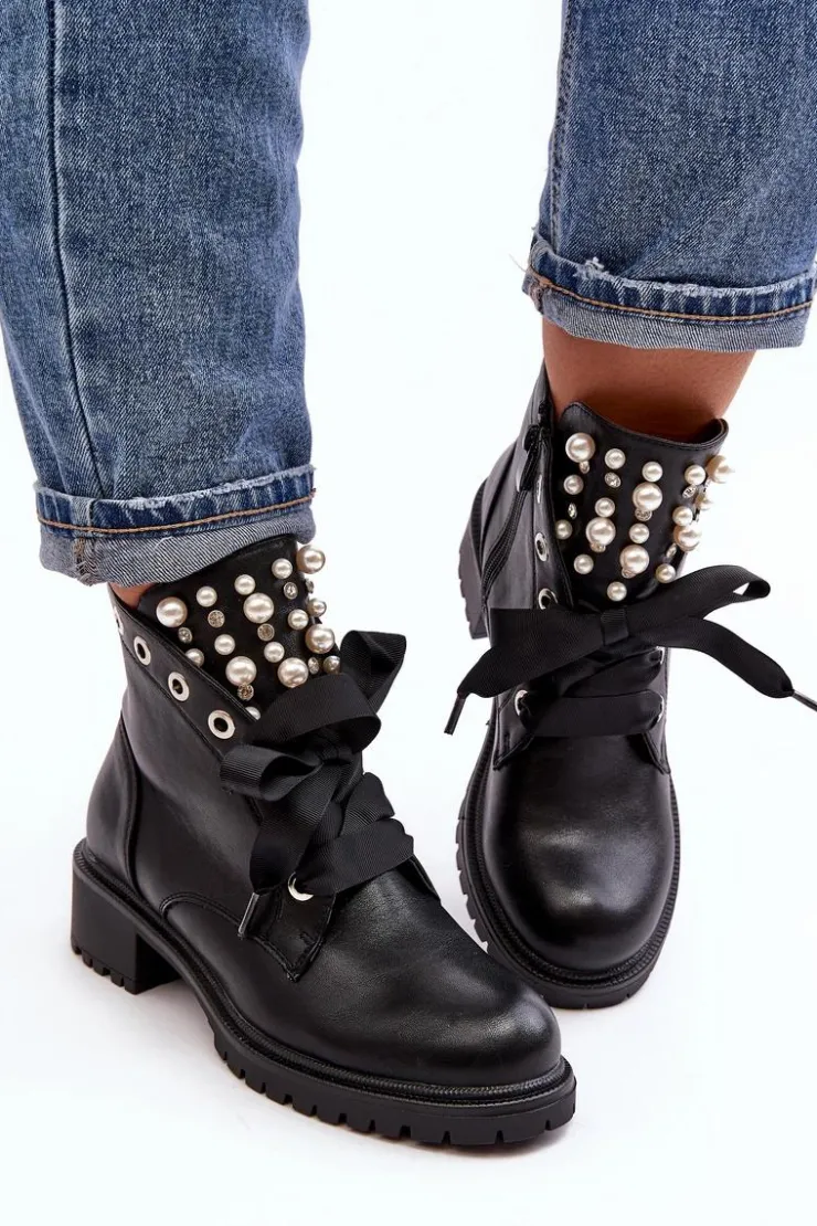 Boto Botki Sznurowane|Botki Zimowe Damskie*Zdobione Botki Damskie Na Suwak Czarne Elonte