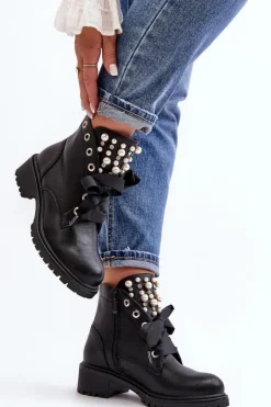 Boto Botki Sznurowane|Botki Zimowe Damskie*Zdobione Botki Damskie Na Suwak Czarne Elonte