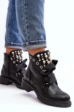 Boto Botki Sznurowane|Botki Zimowe Damskie*Zdobione Botki Damskie Na Suwak Czarne Elonte