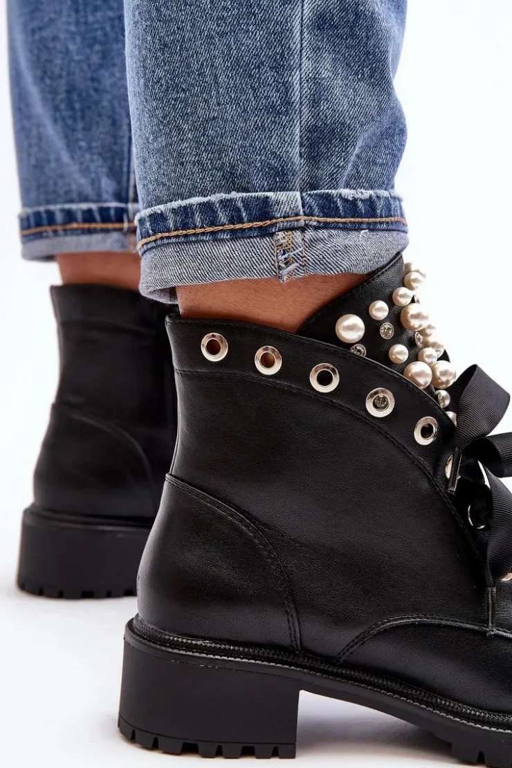 Boto Botki Sznurowane|Botki Zimowe Damskie*Zdobione Botki Damskie Na Suwak Czarne Elonte