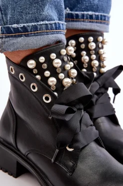 Boto Botki Sznurowane|Botki Zimowe Damskie*Zdobione Botki Damskie Na Suwak Czarne Elonte