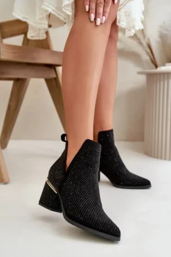 Boto Botki Na Obcasie|Botki Zamszowe*Zdobione Botki Damskie Na Obcasie Z Noskami W Szpic Czarne Fararia