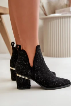 Boto Botki Na Obcasie|Botki Zamszowe*Zdobione Botki Damskie Na Obcasie Z Noskami W Szpic Czarne Fararia