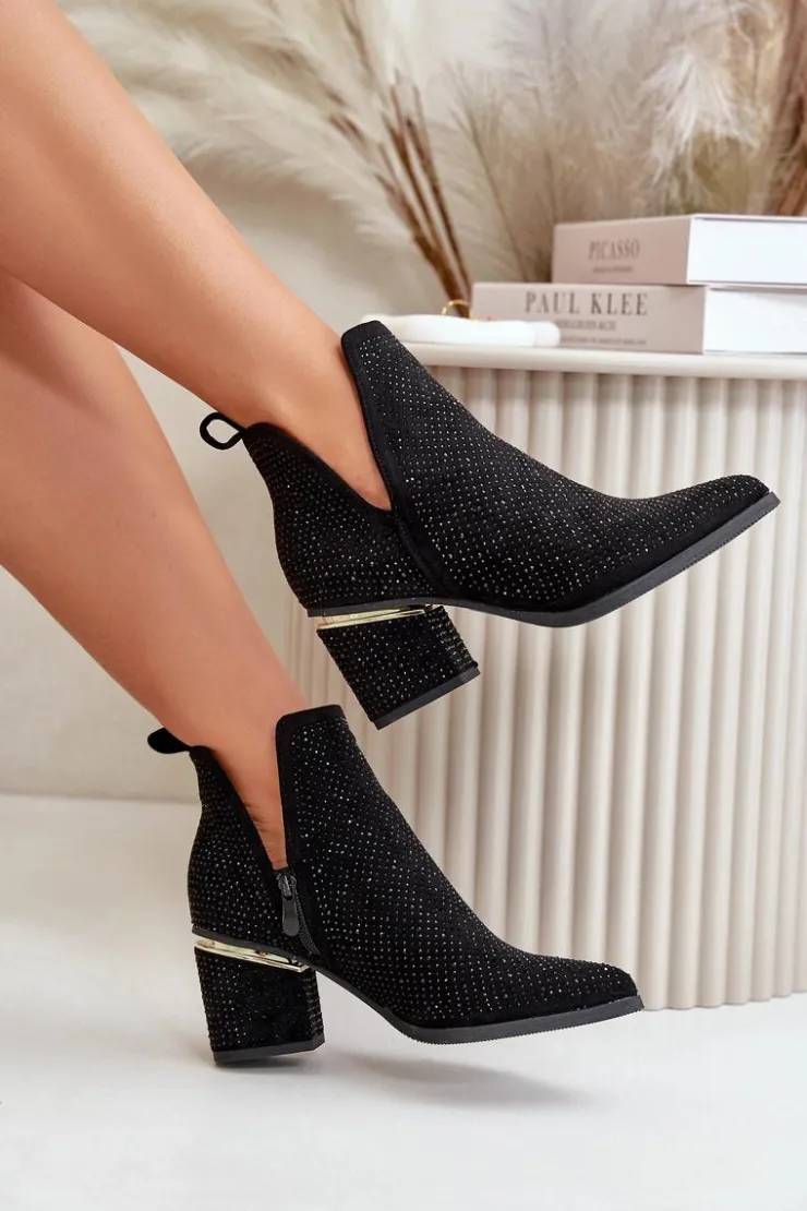 Boto Botki Na Obcasie|Botki Zamszowe*Zdobione Botki Damskie Na Obcasie Z Noskami W Szpic Czarne Fararia