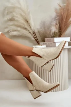 Online Boto Zdobione Botki Damskie Na Obcasie Z Noskami W Szpic Beżowe Fararia