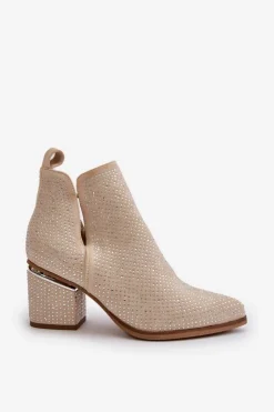 Online Boto Zdobione Botki Damskie Na Obcasie Z Noskami W Szpic Beżowe Fararia