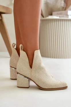 Online Boto Zdobione Botki Damskie Na Obcasie Z Noskami W Szpic Beżowe Fararia