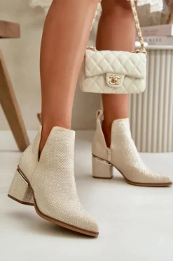 Online Boto Zdobione Botki Damskie Na Obcasie Z Noskami W Szpic Beżowe Fararia