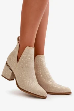Online Boto Zdobione Botki Damskie Na Obcasie Z Noskami W Szpic Beżowe Fararia