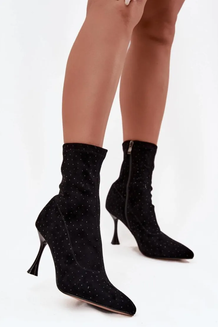 D&A Botki Na Obcasie|Botki Zamszowe*Zdobione Botki Damskie Na Szpilce JC52-882 Czarne